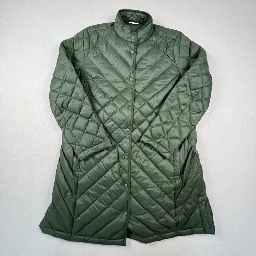J.Jill Down Quilted Puffer Coat Womens L Green Snap Front Long WJT169861 Warm